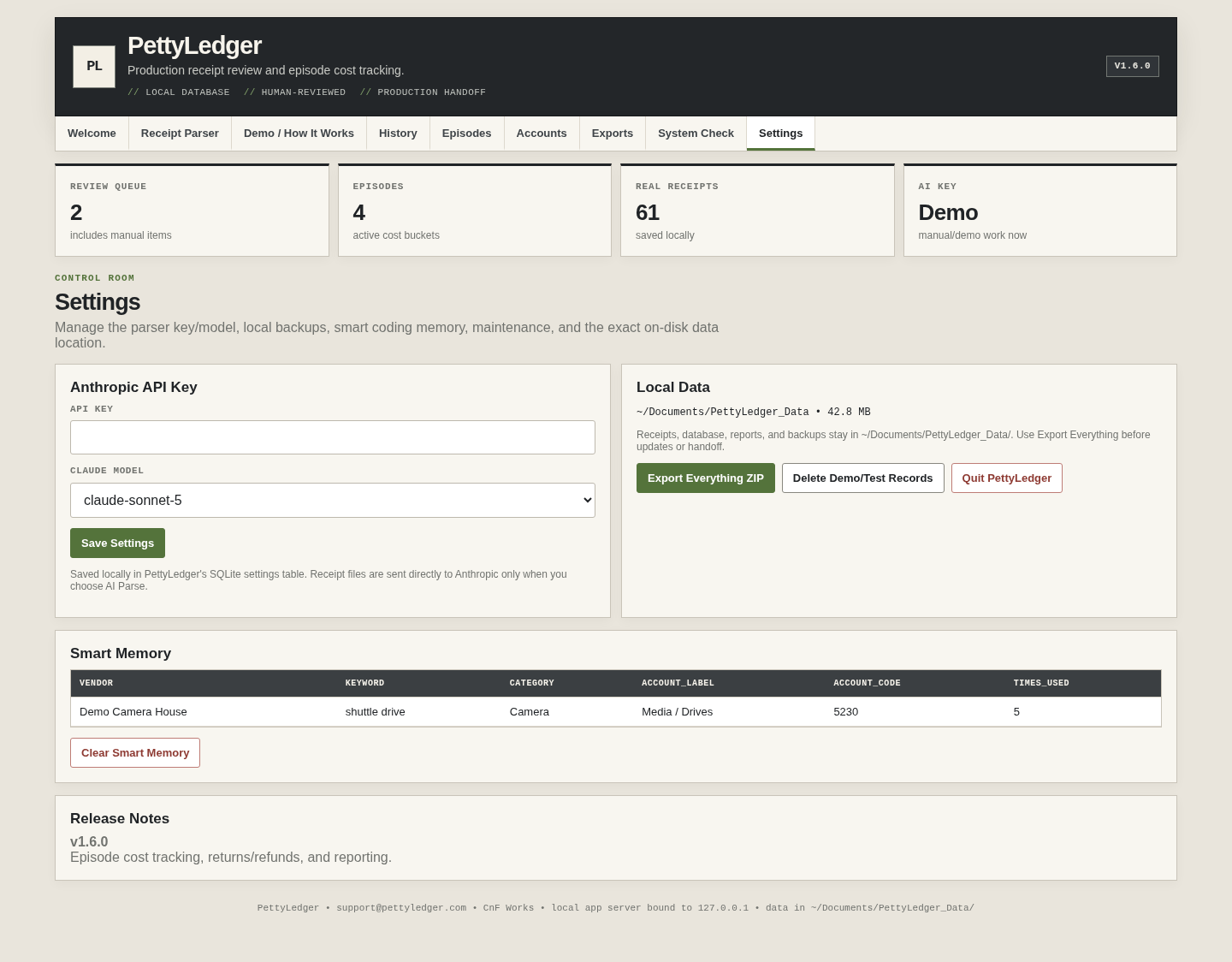 PettyLedger settings showing API key, model, data folder and smart memory